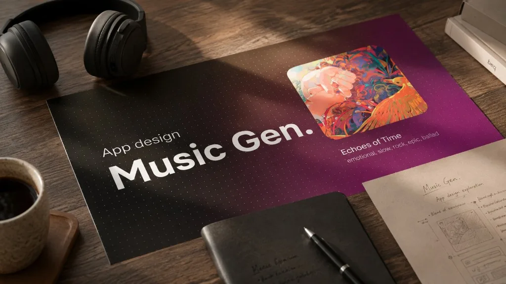 musicgen cover mockup with headphones and Music Gen card on a desk